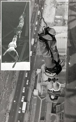 End of the third escape by escapologist Karl Bartoni and Liz McDougal, hanging from the top of The Blackpool Tower in 1983